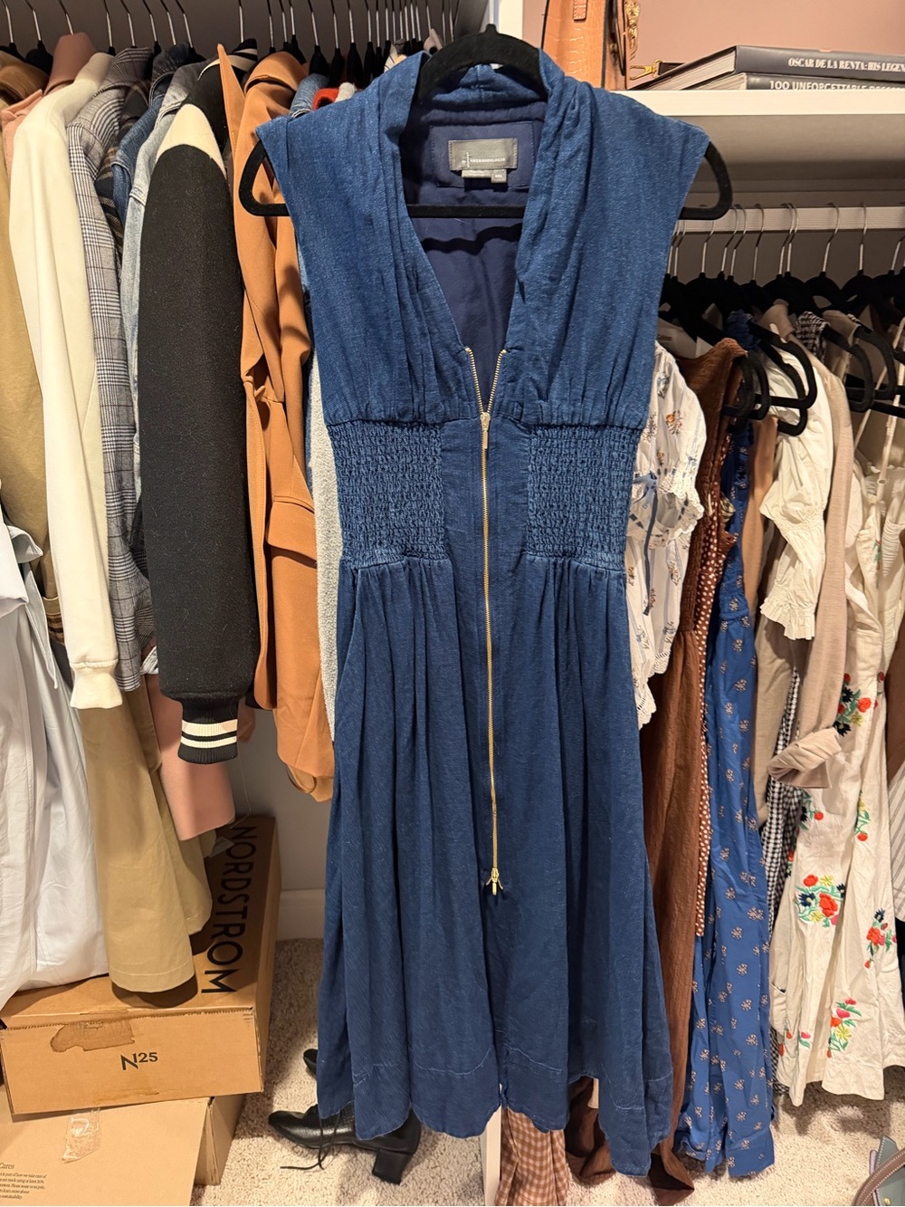 Anthropologie Navy Blue Sleeveless Midi Dress with Front Zip